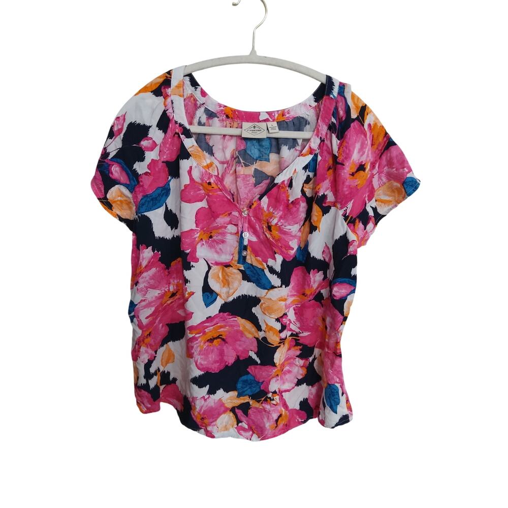 St John's Bay floral pink blouse sz L colorful cotton flirty Whimsical spring